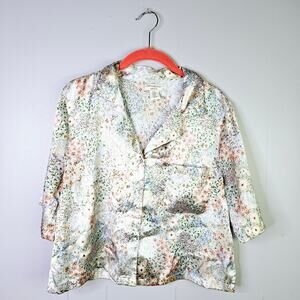 Cynthia Rowley Sleepwear Blouse Top Button Up Satin Short Sleeve Floral  Medium
